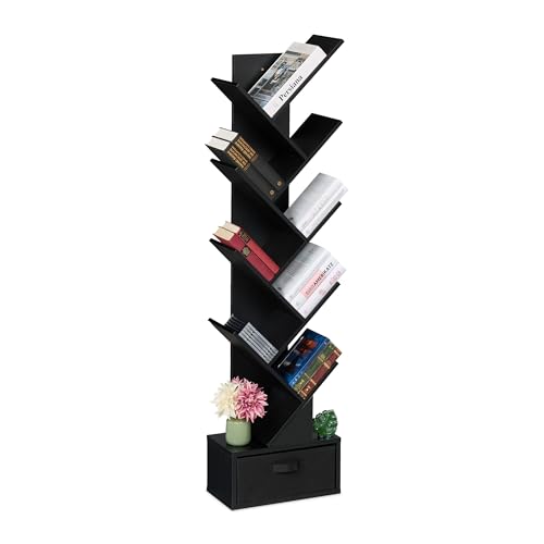 Relaxdays Bücherregal, 9 Ebenen, HxBxT: 146 x 38 x 22 cm, Baumform, Bücher, CDs, DVDs, Bücherbaum mit Schublade, schwarz von Relaxdays