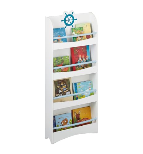 Relaxdays Bücherregal Kinder, HBT 124 x 50,5 x 15 cm, 4 Fächer, MDF, maritimes Kinderbücherregal, Kinderregal, weiß/blau von Relaxdays