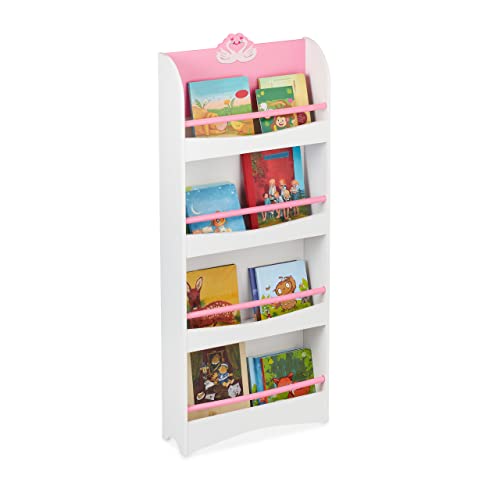 Relaxdays Bücherregal Kinder, HxBxT: 124 x 50,5 x 15 cm, 4 Fächer, MDF, Kinderbücherregal mit Schwan-Motiv, weiß/rosa von Relaxdays