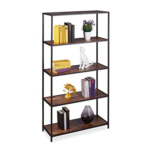 Relaxdays Bücherregal Vintage 5 Ablagen, industrial, Büro, Wohnzimmer, Standregal in HBT 150x77x33 cm, Holzoptik/schwarz von Relaxdays