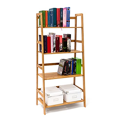 Relaxdays Bücherregal aus Bambus mit 4 Ablagen HxBxT: ca. 120 x 57 x 31 cm Regal für Bücher in Leiterform Standregal mit Durschubsicherung als Bücherschrank und Büroregal Aktenregal aus Holz, natur von Relaxdays