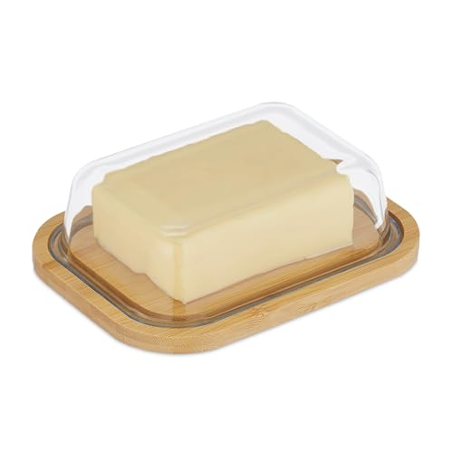 Relaxdays Butterdose, mit Deckel, Bambus & Glas, 250 g Butter, HxBxT: 5,5 x 19 x 14 cm, Butterschale, natur/transparent von Relaxdays