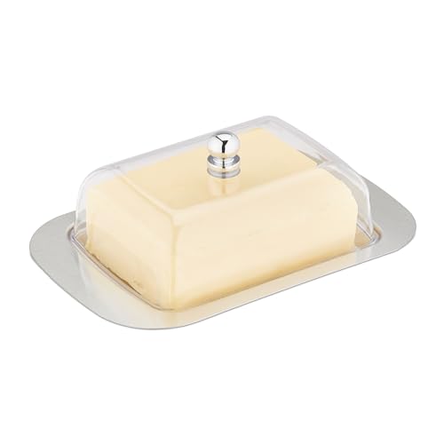 Relaxdays Butterdose, mit Deckel, Edelstahl & Kunststoff, 250 g Butter, 7x18,5x12 cm, Butterschale, Silber/transparent von Relaxdays