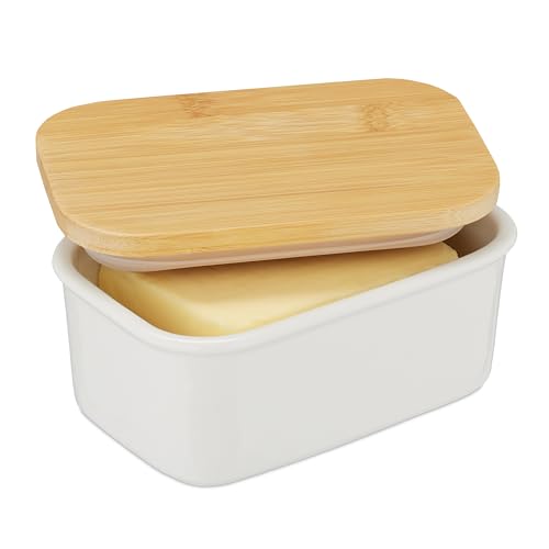 Relaxdays Butterdose, mit Deckel, Keramik & Bambus, 250 g Butter, HxBxT: 7,5 x 16 x 10,5 cm, Butterschale, weiß/Natur von Relaxdays