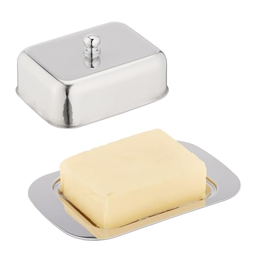Relaxdays Butterdose, mit Deckel, glänzender Edelstahl, für 250 g Butter, HxBxT: 7 x 18,5 x 12 cm, Butterschale,Silber von Relaxdays