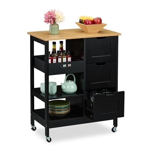 Relaxdays Küchenwagen, Arbeitsplatte, 3 Schubladen, 3 Fächer, HBT 85x68,5x38,5 cm, Kücheninsel auf Rollen, schwarz/natur Relaxdays Küchenwagen, Arbeitsplatte, 3 Schubladen, 3 Fächer, HBT 85x68,5x38,5 cm, Kücheninsel auf Rollen, schwarz/natur von Relaxdays