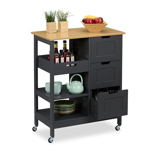Relaxdays Küchenwagen, Arbeitsplatte, 3 Schubladen, 3 Fächer, HBT: 85x68,5x38,5 cm, Kücheninsel auf Rollen, grau/natur Relaxdays Küchenwagen, Arbeitsplatte, 3 Schubladen, 3 Fächer, HBT: 85x68,5x38,5 cm, Kücheninsel auf Rollen, grau/natur von Relaxdays