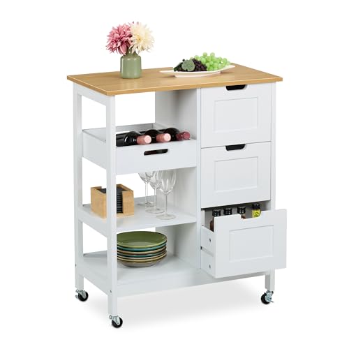 Relaxdays Küchenwagen, Arbeitsplatte, 3 Schubladen, 3 Fächer, HBT: 85x68,5x38,5 cm, Kücheninsel auf Rollen, weiß/natur Relaxdays Küchenwagen, Arbeitsplatte, 3 Schubladen, 3 Fächer, HBT: 85x68,5x38,5 cm, Kücheninsel auf Rollen, weiß/natur von Relaxdays