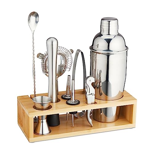 Relaxdays Cocktail Set, 10-TLG. Barset mit Ständer, Shaker, Barmaß, Barlöffel, Zange, Edelstahl & Bambus, Silber/Natur, 70%, 1x von Relaxdays