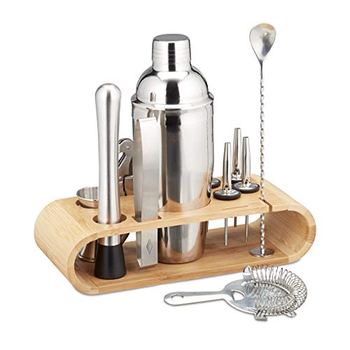 Relaxdays Cocktail Set, 11-teiliges Profi Bar Set, Ständer, Shaker, Barmaß, Ausgießer, Eiszange, Edelstahl, silber/natur, 25.5 x 27.5 x 10.5 cm von Relaxdays