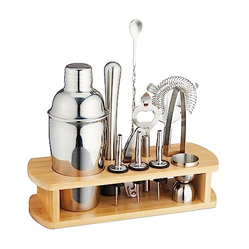 Relaxdays Cocktail Set, 12-TLG. Barset mit Ständer, Shaker, Barmaß, Barlöffel, Zange, Edelstahl & Bambus, Silber/Natur, 70%, 1x von Relaxdays