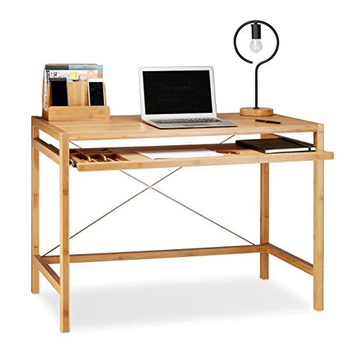 Relaxdays Computertisch Holz, Tastaturauszug, Bürotisch ausziehbar, Schreibtisch massiv, HxBxT: 76,5x106,5x55,5cm, natur von Relaxdays