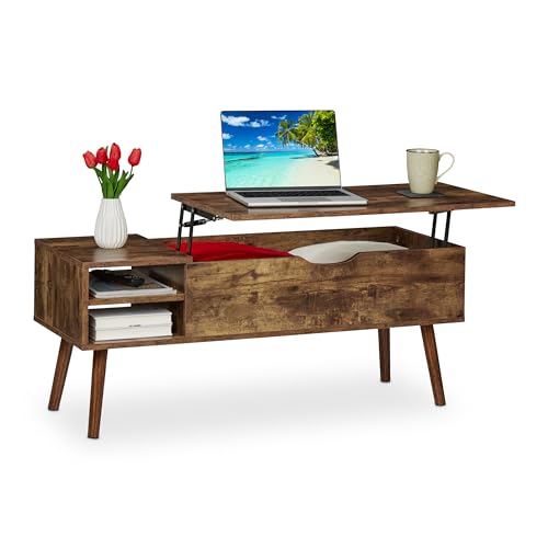 Relaxdays Couchtisch aufklappbar, 2 Seitenfächer, Wohnzimmertisch mit Stauraum, Industrial-Design, 45x108x40 cm, braun von Relaxdays