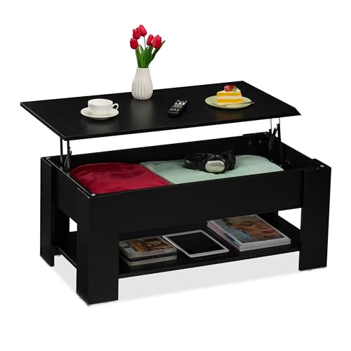 Relaxdays Couchtisch aufklappbar, HBT: 42x98x50 cm, Wohnzimmertisch mit Stauraum, zusätzliche Ablagefläche, schwarz von Relaxdays