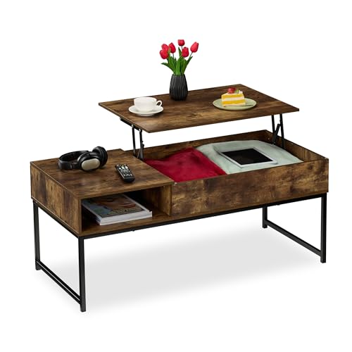 Relaxdays Couchtisch aufklappbar, HBT: 45x110x50 cm, Seitenfach, Wohnzimmertisch mit Stauraum, Holzoptik & Metall, braun von Relaxdays