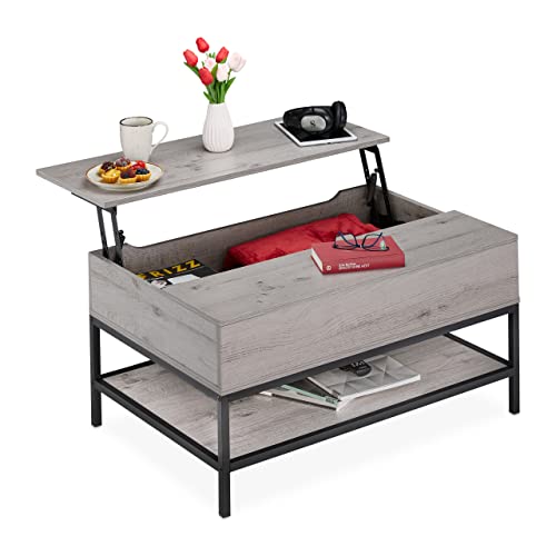Relaxdays Couchtisch aufklappbar, mit Ablage, Wohnzimmertisch mit Stauraum, Holzoptik, HBT: 45,5x90x60 cm, grau/schwarz von Relaxdays