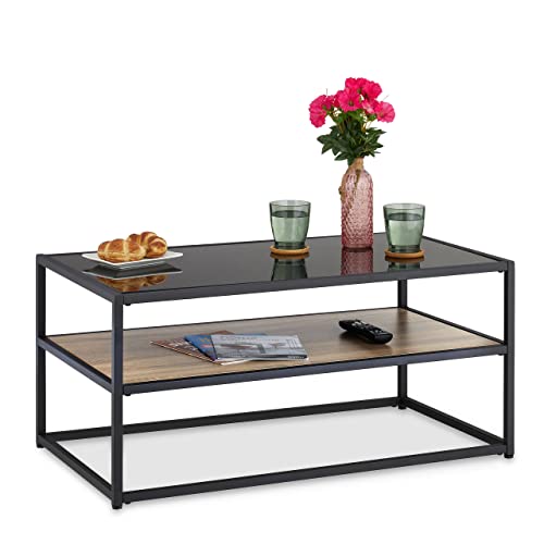 Relaxdays Couchtisch mit Glasplatte, Metallgestell, Ablagefläche in Holzoptik, HxBxT: 42 x 90 x 49,5 cm, schwarz/braun von Relaxdays