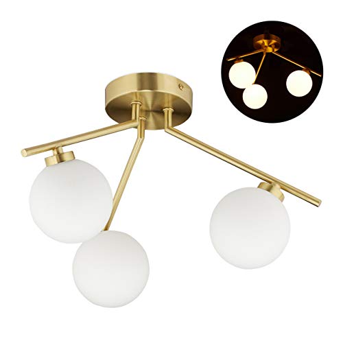 Relaxdays Deckenlampe GLOBI, 3-flammig, G9 Fassung, Kugeln aus Milchglas, Midcentury Lampe, H x D: 24,5 x 36 cm, gold von Relaxdays