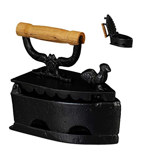 Relaxdays Deko Bügeleisen, Antik-Design, Plätteisen mit Holzgriff, Nostalgie Kohlebügeleisen, Iron, Gusseisen, schwarz, 18,00 x 19,00 x 9,00cm von Relaxdays