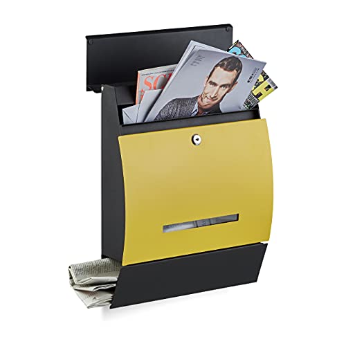 Relaxdays Design Briefkasten mit Zeitungsfach, Pulverbeschichtet, HxBxT: 45 x 35 x 11 cm, Wandbriefkasten, schwarz-gelb von Relaxdays