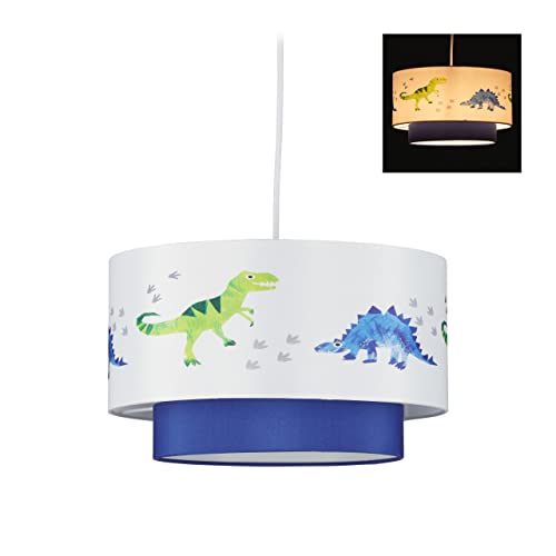 Relaxdays Dino Hängelampe, runder Lampenschirm mit Dinosaurier-Motiv, für Kinder- & Babyzimmer, HxD 126x30 cm, weiß-blau von Relaxdays