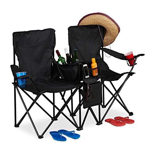 Relaxdays Doppel Campingstuhl, tragbarer Doppel Klappstuhl m. Getränkehaltern, Kühltasche, Staufächer, faltbar, schwarz von Relaxdays