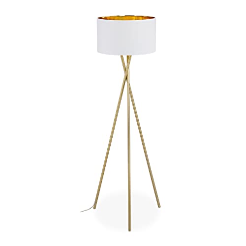 Relaxdays Dreibein Stehlampe, Tripod Lampe mit Stoffschirm, HxD 148,5 x 53,5 cm, E27 Fassung, Leinen & Metall, gold/weiß von Relaxdays