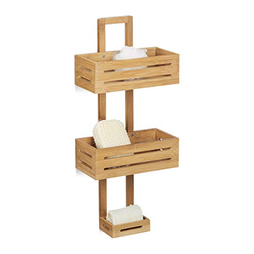 Relaxdays Duschregal Bambus H x B x T: 65 x 28 x 15,5 cm Duschablage aus Holz als Hängeregal Dusche mit 3 Ablagen Duschkorb als Badregal zum Hängen und rostfreier Badschrank sowie Badablage, natur von Relaxdays