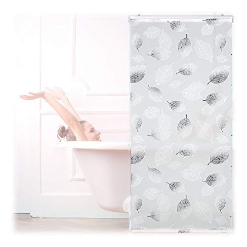 Relaxdays Duschrollo, 80 x 240 cm, Blatt Muster, Seilzug, flexible Montage, Duschvorhang für Badewanne, schwarz-weiß von Relaxdays