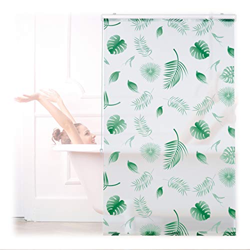 Relaxdays Duschrollo Blätter, 100x240cm, Seilzugrollo f. Dusche & Badewanne, wasserabweisend, Decke & Fenster, weiß/grün von Relaxdays