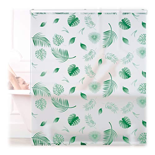 Relaxdays Duschrollo Blätter, 140x240cm, Seilzugrollo f. Dusche & Badewanne, wasserabweisend, Decke & Fenster, weiß/grün von Relaxdays
