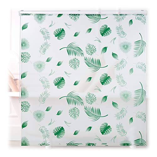 Relaxdays Duschrollo Blätter, 160x240cm, Seilzugrollo f. Dusche & Badewanne, wasserabweisend, Decke & Fenster, weiß/grün von Relaxdays
