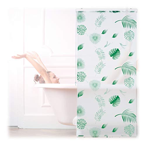 Relaxdays Duschrollo Blätter, 80x240cm, Seilzugrollo für Dusche & Badewanne, wasserabweisend, Decke & Fenster, weiß/grün, PVC von Relaxdays