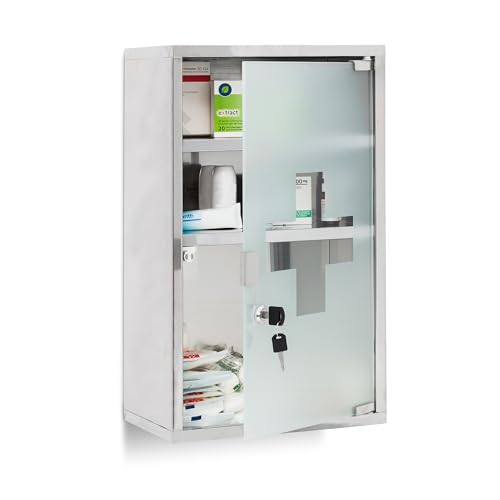 Relaxdays EMERGENCY Medizinschrank XL extra tief aus Edelstahl HxBxT: ca. 50,5 x 30 x 18 cm mit 3 Fächern und Glas-Tür zum Abschließen mit 2 Schlüsseln für kindersichere Medikamenten-Lagerung, silber von Relaxdays