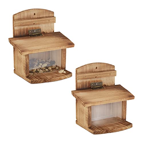 Relaxdays Eichhörnchen Futterhaus, 2er Set, gebranntes Holz, Eichhörnchenhaus mit Klappe & Scheibe, zum Aufhängen, Natur von Relaxdays