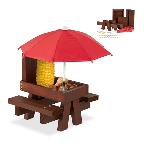 Relaxdays Eichhörnchen Tisch, Bausatz, Holz, Eichhörnchenbank mit Schirm & Maiskolbenhalter, zum Aufhängen, braun/rot, 1 Stück von Relaxdays