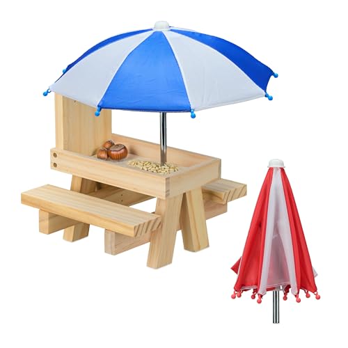 Relaxdays Eichhörnchen Tisch, Holz, Eichhörnchenbank mit 2 Schirmen, Eichhörnchen-Picknicktisch zum Hängen, Hellbraun von Relaxdays