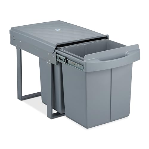 Relaxdays Einbaumülleimer 2-fach, ausziehbar, Duo Küchenmülleimer für Unterschrank, 2x 20 l, 41,3 x 34 x 51,8 cm, grau von Relaxdays