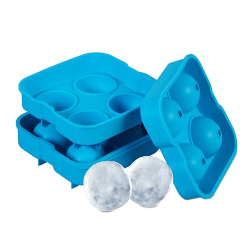 Relaxdays Eiswürfelform rund, 2er Set, wiederverwendbar, Silikon, 4,5 cm Kugeln, 4 einzelne Eiskugeln, Eisgießform, blau von Relaxdays