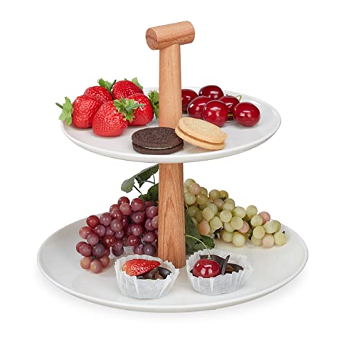 Relaxdays Etagere, 2 Etagen, Kunststoff & Holz, runder Servierständer, HxD 24x25 cm, Cupcake Ständer, modern, weiß/natur von Relaxdays