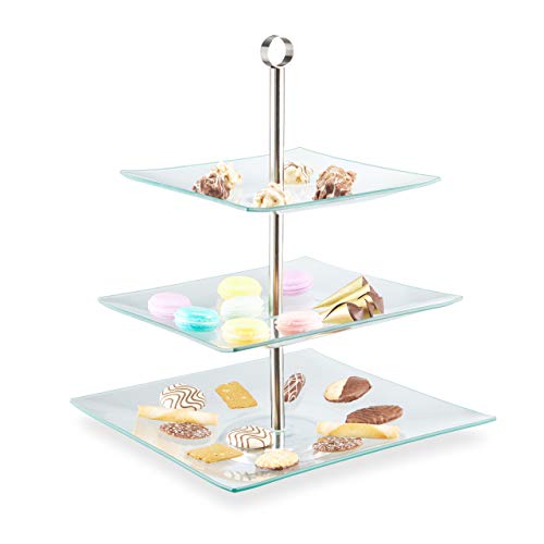 Relaxdays Etagere, 3-stöckig, eckig, Cupcakes, Kekse, Snacks, Obst, Glas, Edelstahl, Servierständer, transparent/silber, 40 x 30 x 30 cm von Relaxdays