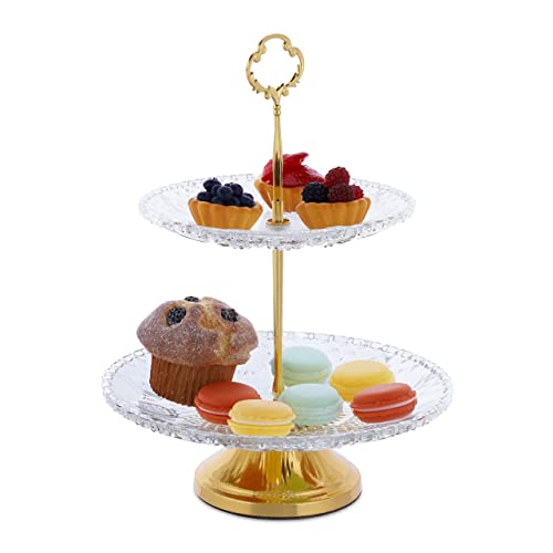 Relaxdays Etagere, Glas & Eisen, HxD: 30 x 23 cm, runder Servierständer, 2 Etagen, Cupcake Ständer, transparent/gold von Relaxdays