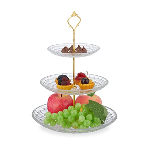 Relaxdays Etagere, Glas & Eisen, HxD: 34 x 25 cm, runder Servierständer, 3 Etagen, Cupcake Ständer, transparent/gold von Relaxdays