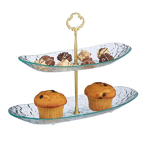 Relaxdays Etagere 2-stöckig, Muffins, Cupcakes, Snacks, oval, Glas, HBT 25x33,5x13 cm, Servierständer, gold/transparent, 1 Stück von Relaxdays