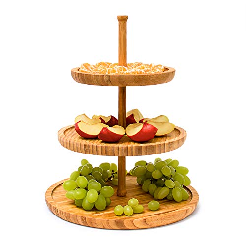 Relaxdays Etagere Bambus H: 25 cm D: 30 cm 3-stöckige Obstetagere aus Holz mit 3 runden Schalen zur Ablage von Gebäck, Kekse, Party-Snacks, Nüsse, Süßigkeiten als Obstteller und Servierplatte, natur von Relaxdays