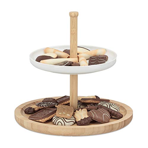 Relaxdays Etagere Bambus und Keramik, 2-stöckig, Servierplatte, DxH: 25 x 25 cm für Kekse, Obst, Knabberzeug, natur-weiß von Relaxdays