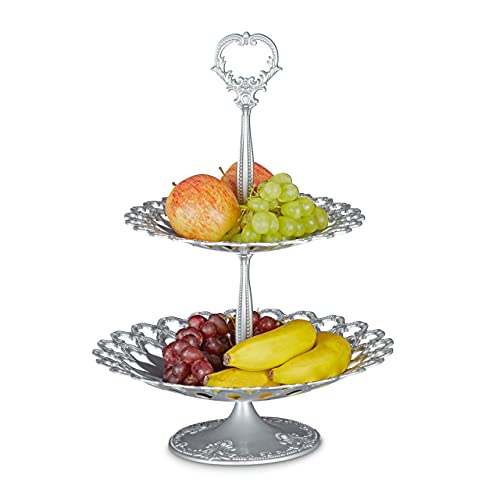 Relaxdays Etagere Metall mit 2 Ebenen HBT: 44 x 31 x 31 cm Servierplatte aus Aluminium zweistöckig für Obst, Kekse und Knabberzeug Servierteller als Dessertteller oder Obstetagere, silber von Relaxdays