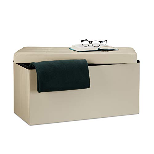 Relaxdays Faltbare Sitzbank 38 x 76 x 38 cm HxBxT, 2-Sitzer m. Stauraum, Kunstleder Sitzhocker 300 kg belastbar, Creme Sitztruhe von Relaxdays