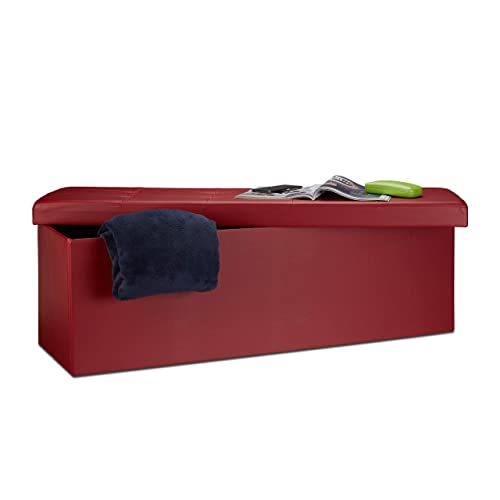 Relaxdays Faltbare Sitzbank HxBxT 38 x 114 x 38 cm, XL Kunstleder Sitztruhe, Aufbewahrungsbox mit Stauraum, Dunkel-Rot von Relaxdays