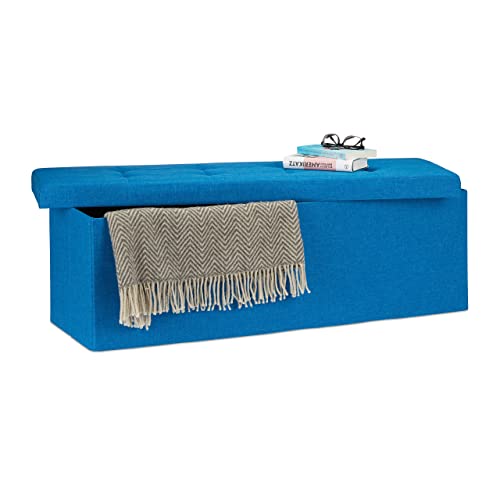 Relaxdays Faltbare Sitzbank XXL, Sitzcube mit Stauraum, Sitzwürfel aus Leinen, mit Deckel, HBT 38 x 114 x 38 cm, blau von Relaxdays